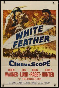 4d957 WHITE FEATHER 1sh '55 art of Robert Wagner & Native American Debra Paget!