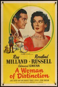 4d978 WOMAN OF DISTINCTION 1sh '51 Ray Milland, sexy Rosalind Russell close up & on bicycle!