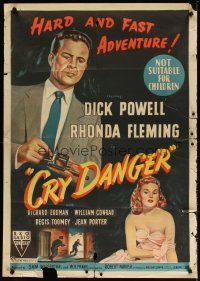 4e708 CRY DANGER Aust 1sh '51 film noir art of Dick Powell loading gun + sexy Rhonda Fleming!