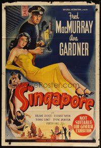 4e748 SINGAPORE Aust 1sh '47 art of sexy full-length Ava Gardner + seaman Fred MacMurray with gun!