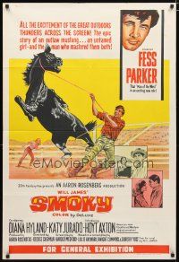 4e749 SMOKY Aust 1sh '66 artwork of Fess Parker taming wild outlaw mustang!