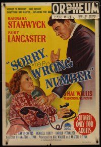 4e750 SORRY WRONG NUMBER Aust 1sh '48 art of Burt Lancaster giving Barbara Stanwyck the backhand!