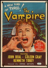 4e776 VAMPIRE Aust 1sh '57 John Beal, it claws, it drains blood, art of bat & victim!