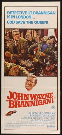 4e823 BRANNIGAN Aust daybill '75 great Robert McGinnis art of fighting John Wayne in England!