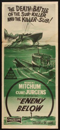 4e854 ENEMY BELOW Aust daybill '57 Robert Mitchum & Curt Jurgens in amazing saga of the U.S. Navy!