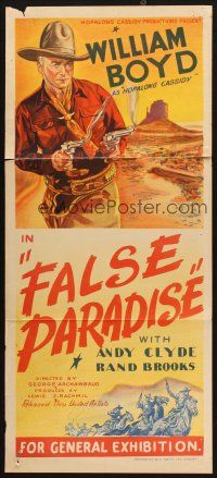 4e857 FALSE PARADISE Aust daybill '48 William Boyd as Hopalong Cassidy, different western art!