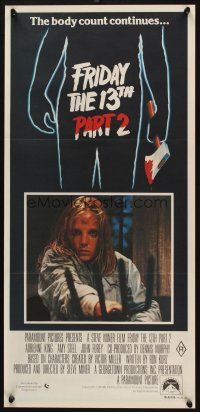 4e869 FRIDAY THE 13th PART II Aust daybill '81 Amy Steel with pitchfork in slasher horror sequel!