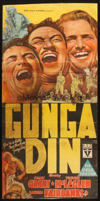 4e882 GUNGA DIN Aust daybill '39 artwork of Cary Grant, Douglas Fairbanks Jr. & Victor McLaglen!