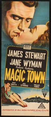 4e917 MAGIC TOWN Aust daybill '47 romantic art of pollster James Stewart & pretty Jane Wyman!