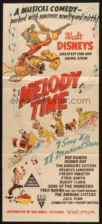 4e924 MELODY TIME Aust daybill '48 Walt Disney, cartoon art of Pecos Bill, Little Toot & more!