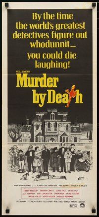 4e928 MURDER BY DEATH Aust daybill '76 great Addams art of cast by dead body & spooky house!