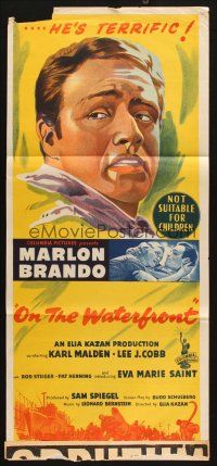 4e935 ON THE WATERFRONT Aust daybill '54 directed by Elia Kazan, art of Marlon Brando!