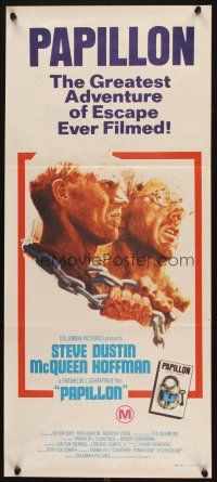 4e936 PAPILLON Aust daybill '73 art of prisoners Steve McQueen & Dustin Hoffman by Tom Jung!