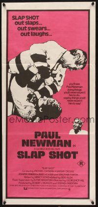 4e963 SLAP SHOT Aust daybill '77 ice hockey, cool image of Paul Newman fighting!