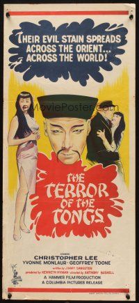 4e974 TERROR OF THE TONGS Aust daybill '61 Asian villain Christopher Lee, drug-crazed assassins!