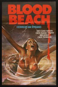 4e527 BLOOD BEACH German '80 classic Jaws parody image of girl in bikini sinking in quicksand!
