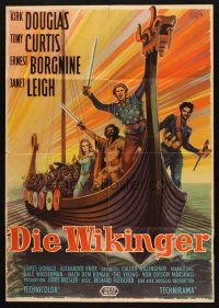 4e682 VIKINGS German '58 art of Kirk Douglas, Tony Curtis & sexy Janet Leigh on long ship!