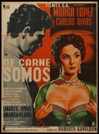 4e030 DE CARNE SOMOS Mexican poster '55 artwork of sexy Marga Lopez pulling her shirt open!
