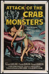 4f158 ATTACK OF THE CRAB MONSTERS linen 1sh '57 Roger Corman, art of sexy girl attacked by beast!