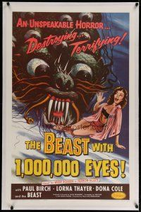 4f067 BEAST WITH 1,000,000 EYES linen 1sh '55 great art of monster attacking girl by Albert Kallis!