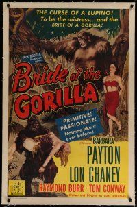 4f009 BRIDE OF THE GORILLA linen 1sh '51 wild art of Barbara Payton & huge ape, primitive passions!