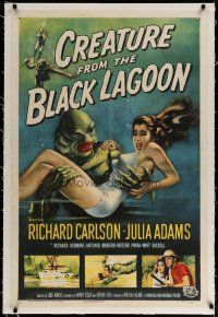 4f030 CREATURE FROM THE BLACK LAGOON linen 1sh '54 great art of monster holding sexy Julie Adams!