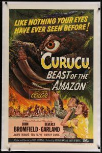 4f124 CURUCU, BEAST OF THE AMAZON linen 1sh '56 Universal horror, monster art by Reynold Brown!