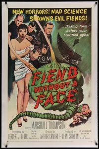 4f256 FIEND WITHOUT A FACE linen 1sh '58 giant brain & sexy girl in towel, mad science spawns evil!