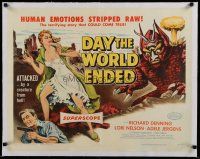 4f121 DAY THE WORLD ENDED linen 1/2sh '56 Kallis art of sexy girl attacked by monster from Hell!