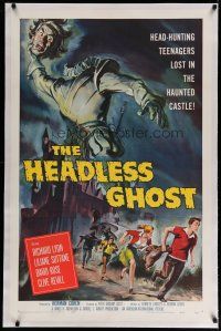 4f285 HEADLESS GHOST linen 1sh '59 head-hunting teenagers lost in the haunted castle, cool art!