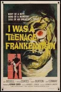 4f169 I WAS A TEENAGE FRANKENSTEIN 1sh '57 wonderful close up art of monster + holding sexy girl!