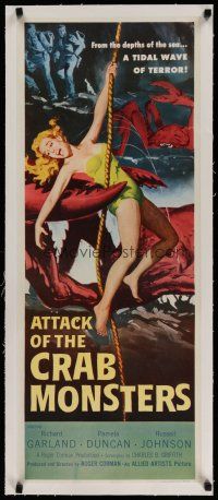 4f159 ATTACK OF THE CRAB MONSTERS linen insert '57 Roger Corman, art of sexy girl grabbed by beast!