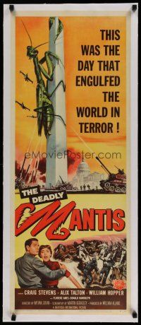 4f161 DEADLY MANTIS linen insert '57 classic art of giant insect on Washington Monument by Sawyer!