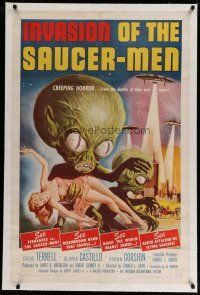 4f142 INVASION OF THE SAUCER MEN linen 1sh '57 classic Kallis art of cabbage head aliens & sexy girl