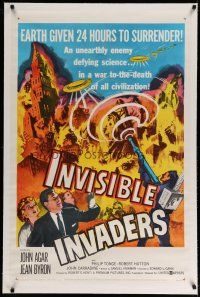 4f277 INVISIBLE INVADERS linen 1sh '59 cool artwork of alien who gives Earth 24 hours to surrender!