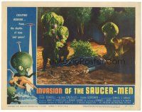 4f147 INVASION OF THE SAUCER MEN LC #3 '57 cabbage head aliens surround unconscious man on ground!