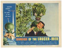 4f144 INVASION OF THE SAUCER MEN LC #5 '57 fantastic close up of cabbage head alien choking guy!