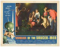 4f149 INVASION OF THE SAUCER MEN LC #8 '57 lots of people gather around dazed man on the ground!