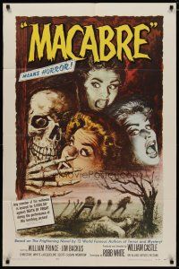 4f253 MACABRE 1sh '58 William Castle, cool Besser art of skeleton & screaming babes in graveyard!