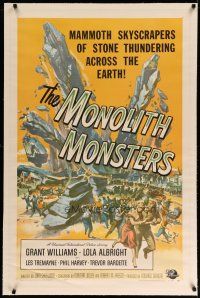 4f173 MONOLITH MONSTERS linen 1sh '57 classic Reynold Brown sci-fi art of living skyscrapers!