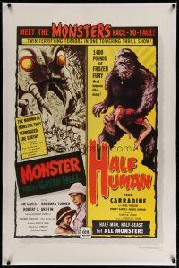 4f197 MONSTER FROM GREEN HELL/HALF HUMAN linen 1sh '57 twin terrifying terrors in 1 thrill show!