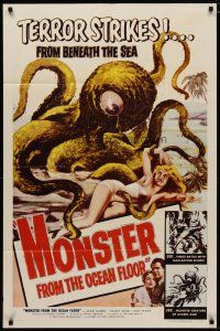 4f044 MONSTER FROM THE OCEAN FLOOR 1sh '54 cool art of the octopus beast attacking sexy girl!