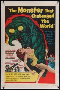 4f179 MONSTER THAT CHALLENGED THE WORLD linen 1sh '57 great artwork of creature & its victim!