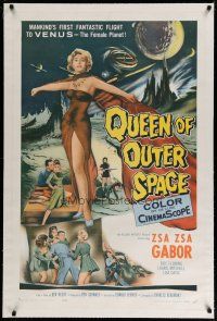4f231 QUEEN OF OUTER SPACE linen 1sh '58 artwork of sexy full-length Zsa Zsa Gabor on Venus!