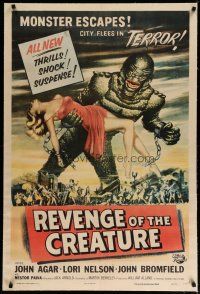 4f052 REVENGE OF THE CREATURE linen 1sh '55 cool art of monster holding sexy girl by Reynold Brown!