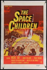 4f258 SPACE CHILDREN signed linen 1sh '58 by Jack Arnold, art of kids, rocket & giant alien brain!