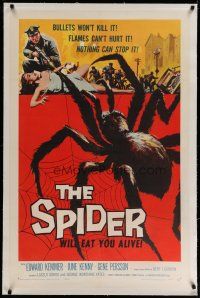 4f263 SPIDER linen 1sh '58 Bert I. Gordon, cool horror art, it MUST eat YOU to live!