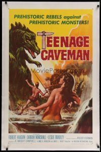 4f243 TEENAGE CAVEMAN linen 1sh '58 sexy art of prehistoric rebels against prehistoric monsters!