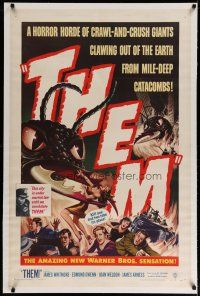 4f040 THEM linen 1sh '54 classic sci-fi, cool art of horror horde of giant bugs terrorizing people!