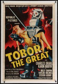 4f042 TOBOR THE GREAT linen 1sh '54 man-made funky robot with every human emotion holding sexy girl!